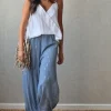 Pantalón tipo bambula azul y lurex dorado