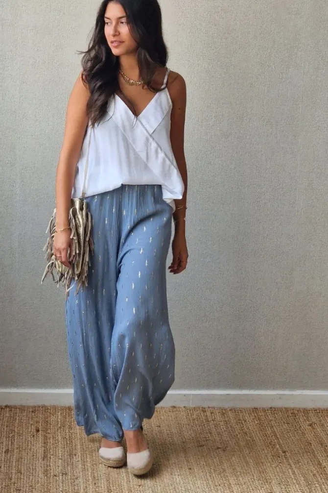 Pantalón tipo bambula azul y lurex dorado