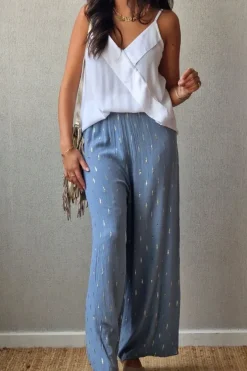 Pantalón tipo bambula azul y lurex dorado
