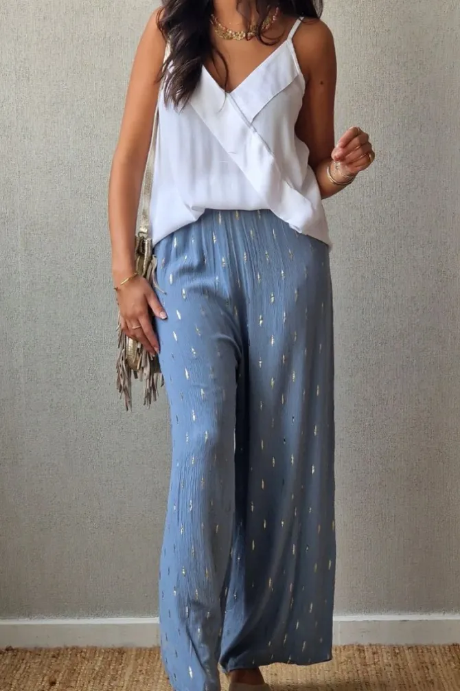 Pantalón tipo bambula azul y lurex dorado