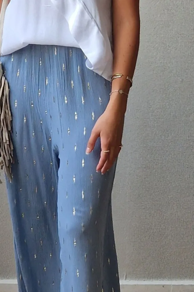 Pantalón tipo bambula azul y lurex dorado