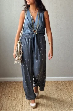 Pantalón tipo bambula gris y lurex dorado