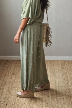 Pantalón tipo bambula verde militar y lurex dorado