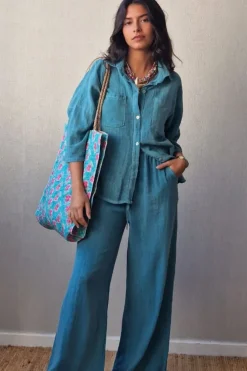 Pantalón tipo lino color turquesa
