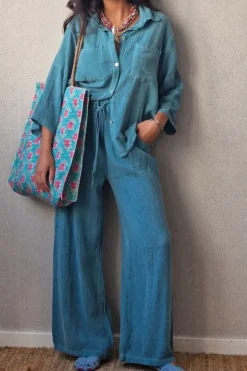 Pantalón tipo lino color turquesa