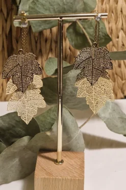 Pendientes acero dorado hojas