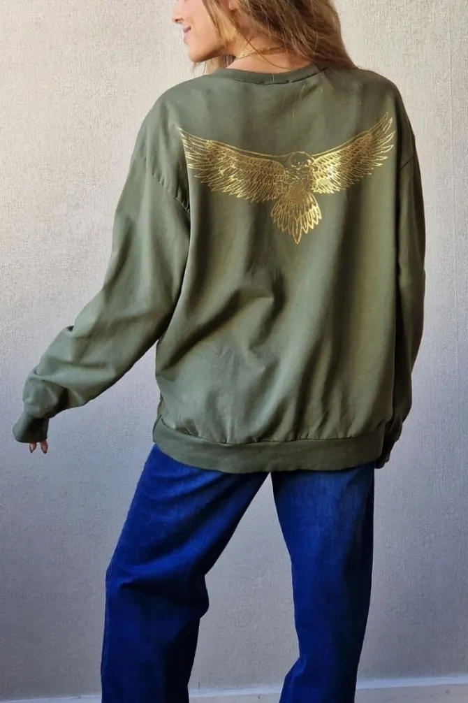Sudadera básica con águila dorada verde militar
