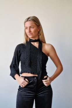 Top asimétrico negro lurex plata