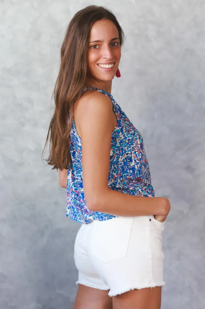 Top Azucena cuello halter estampado azulón