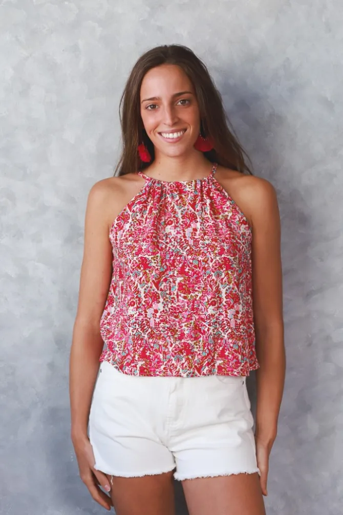 Top flores cuello halter fresa