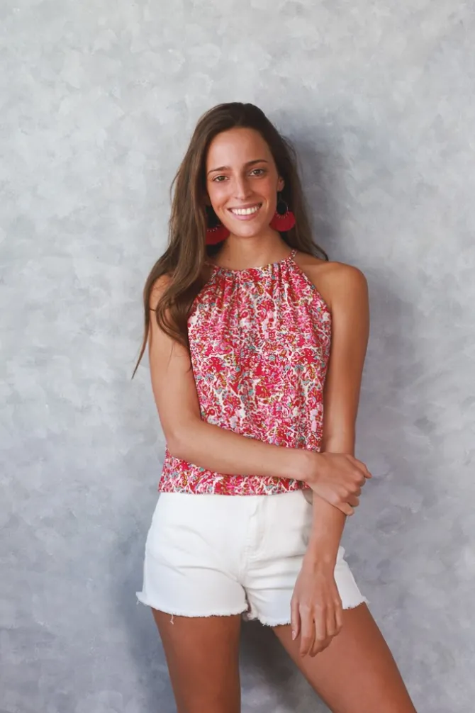 Top flores cuello halter fresa