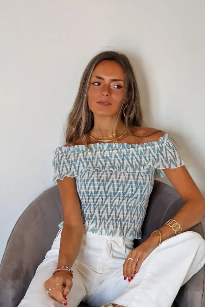 Top fruncido Bardot estampado verde