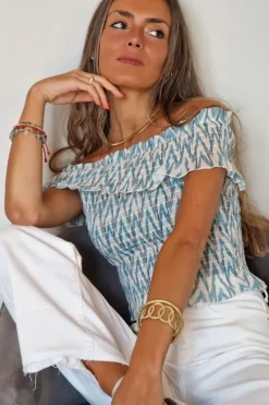 Top fruncido Bardot estampado verde