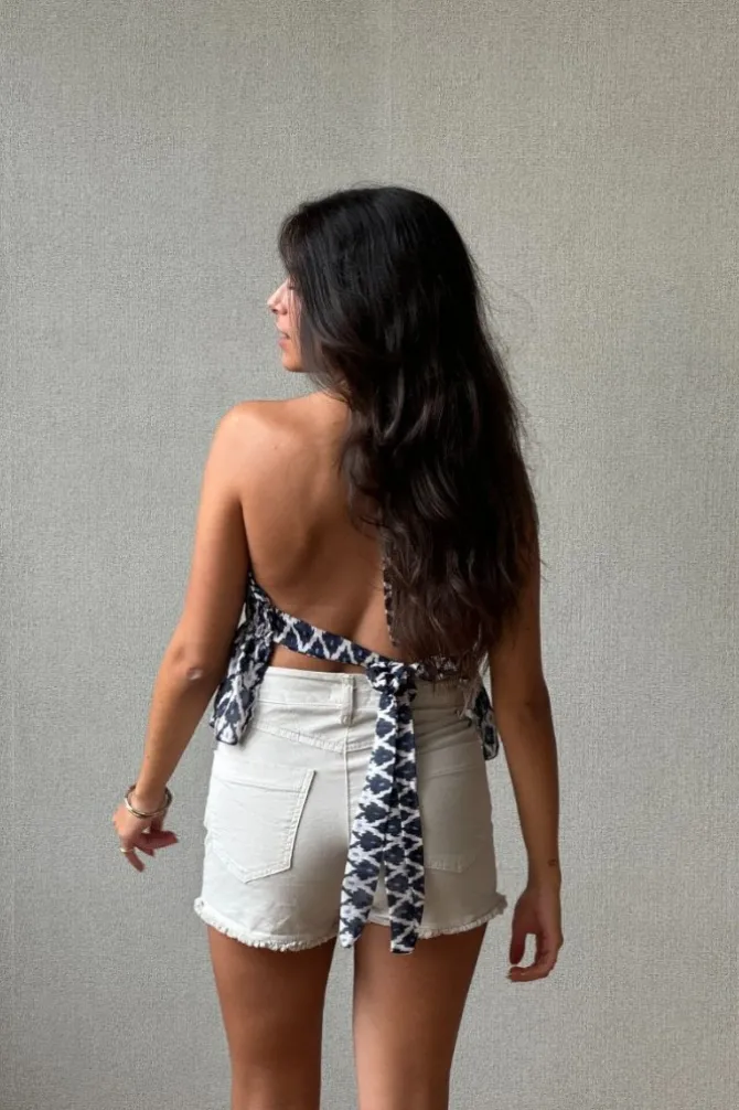 Top nido de abeja cuello halter color azul