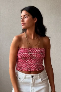 Top nido de abeja palabra de honor color coral y blanco