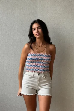 Top nido de abeja palabra de honor ikat azul y rosa