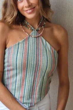Top tirantes estampado de rayas lurex para atar al cuello