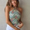 Top tirantes estampado ikat lurex para atar al cuello