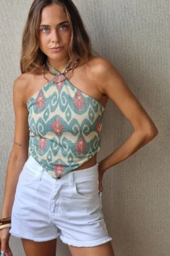 Top tirantes estampado ikat lurex para atar al cuello