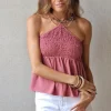 Top tirantes fruncido para atar al cuello rosa