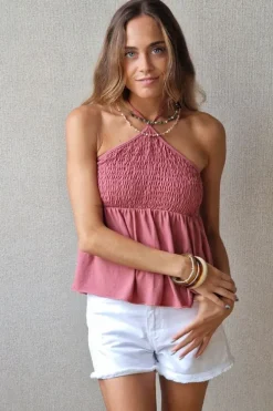Top tirantes fruncido para atar al cuello rosa