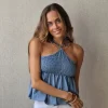 Top tirantes fruncido para atar al cuello azul