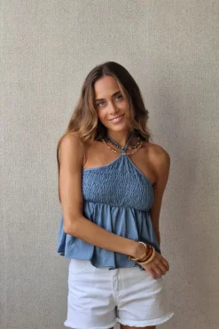 Top tirantes fruncido para atar al cuello azul