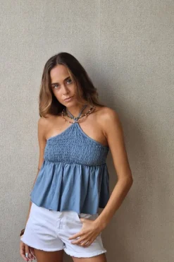 Top tirantes fruncido para atar al cuello azul