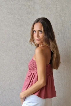 Top tirantes fruncido para atar al cuello rosa