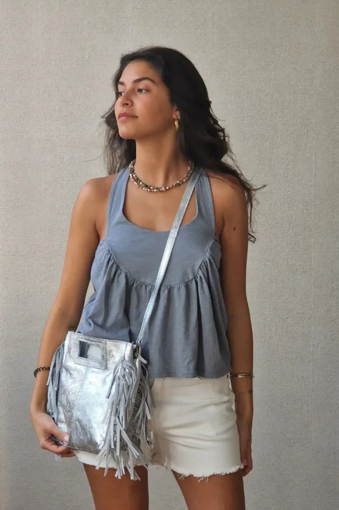 Top tirantes para atar al cuello gris
