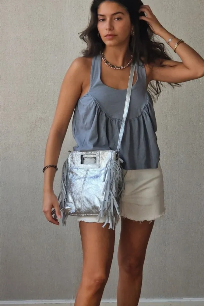 Top tirantes para atar al cuello gris