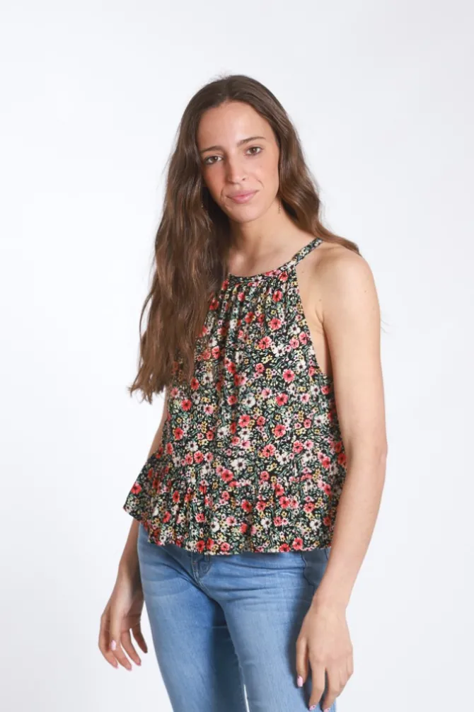 Top volante flores negro