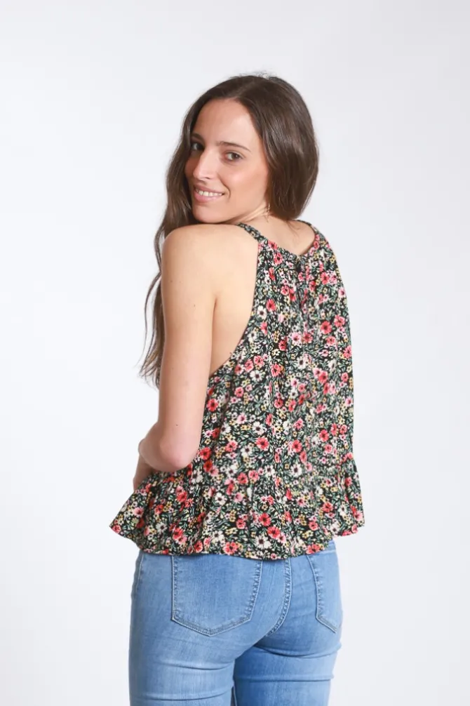 Top volante flores negro