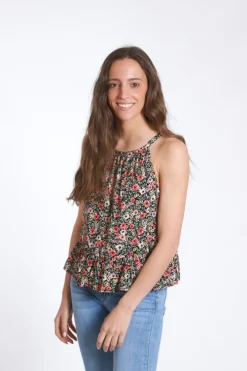Top volante flores negro
