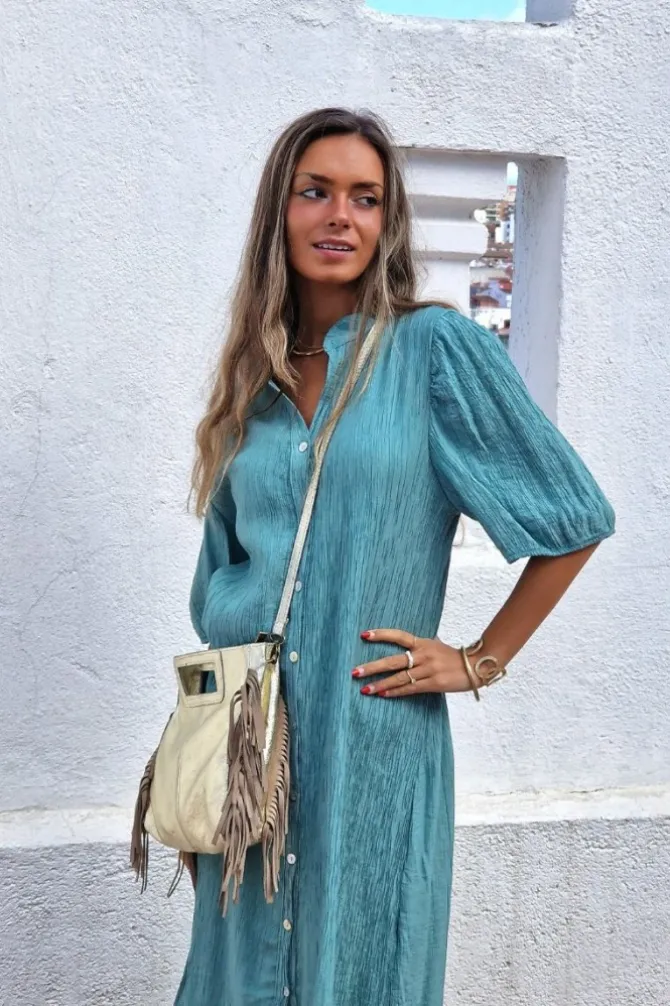 Vestido camisero manga corta verde