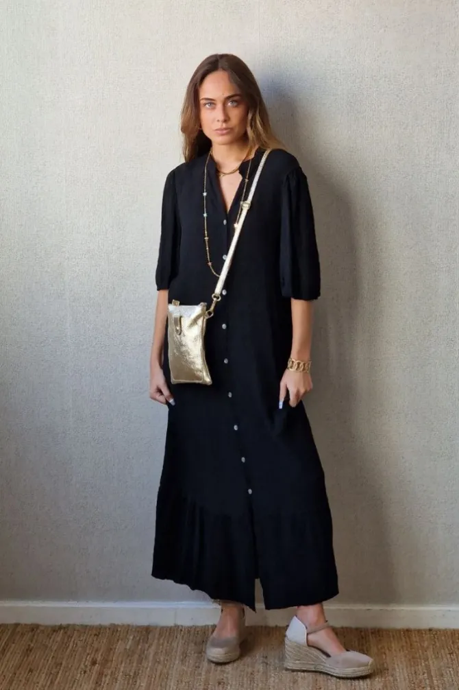 Vestido camisero manga tres cuartos negro