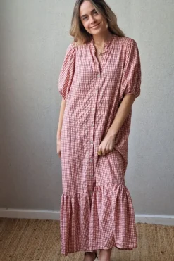 Vestido con botones vichy coral