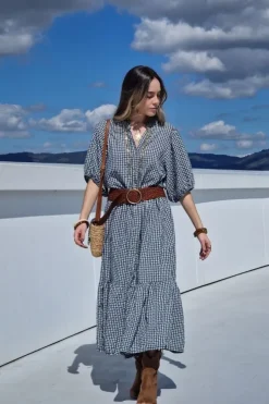 Vestido con botones vichy gris