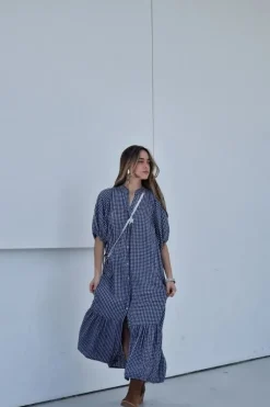 Vestido con botones vichy azul marino