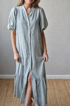 Vestido con botones vichy verde salvia