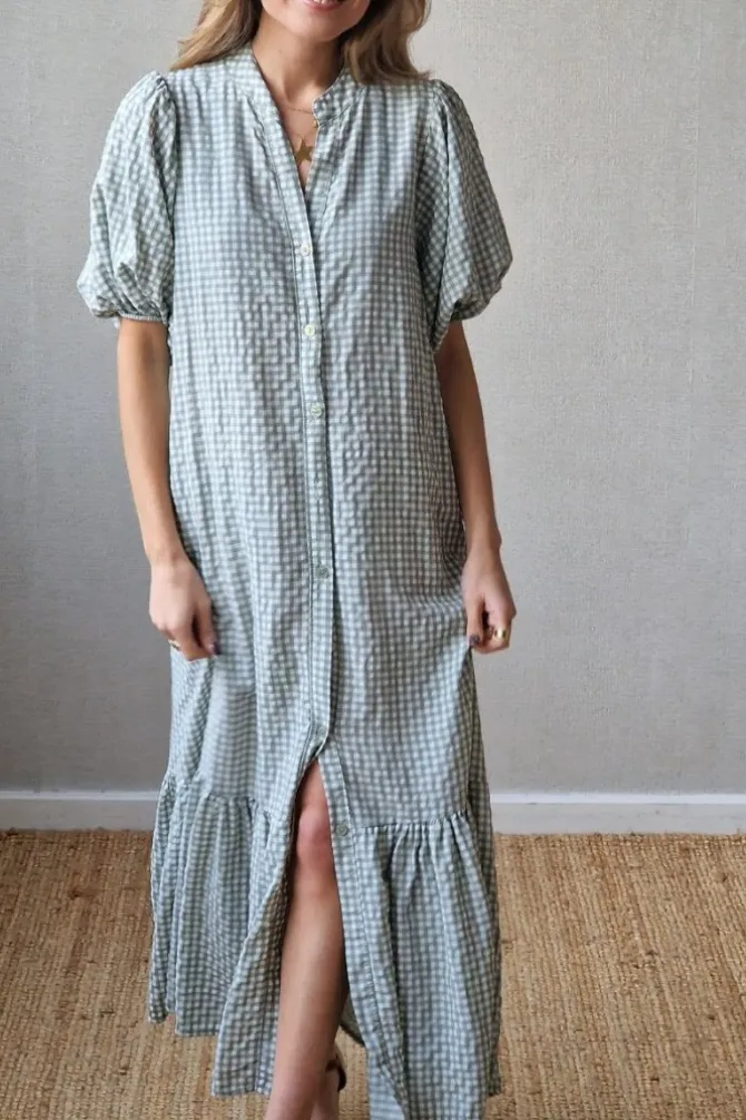 Vestido con botones vichy verde salvia