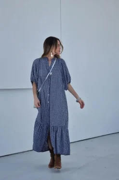 Vestido con botones vichy azul marino