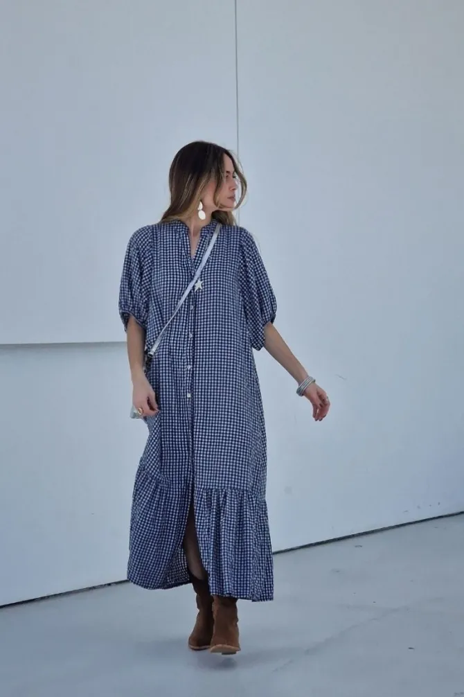 Vestido con botones vichy azul marino