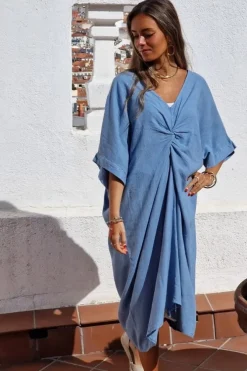 Vestido cuello pico con nudo azul