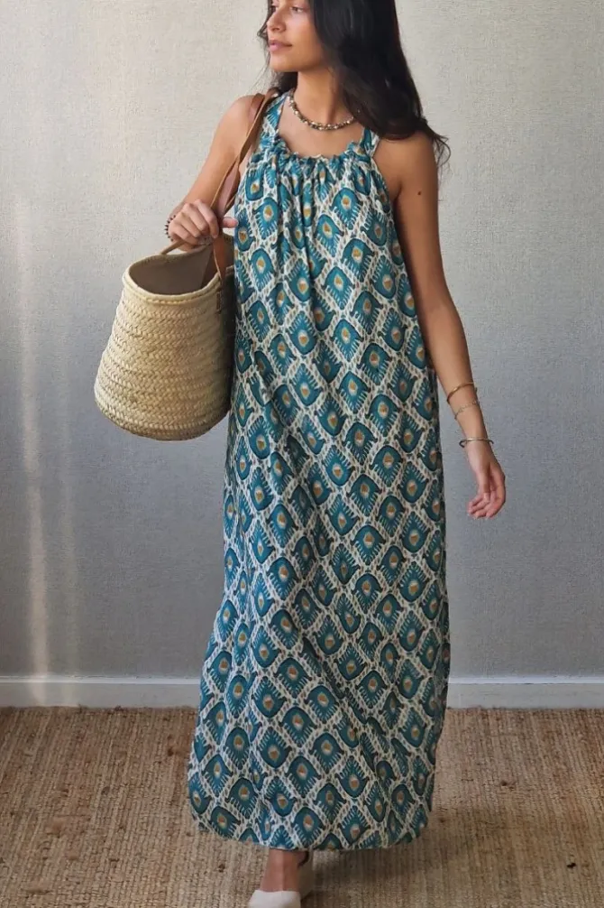 Vestido de tirantes estampado ikat verde