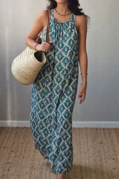 Vestido de tirantes estampado ikat verde