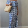 Vestido escote Bardot azul estampado étnico