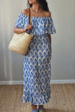 Vestido escote Bardot azul estampado étnico