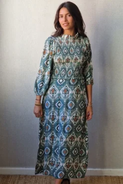 Vestido estampado con nido de abeja verde