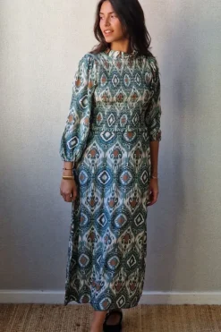 Vestido estampado con nido de abeja verde